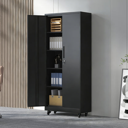 71"H Metal Garage Storage Cabinet with Wheels and Lock, Heavy Duty Rolling Metal Cabinet, 4 Adjustable Shelves (180lb Each), 3-Point Locking Security, for Tool Organization in Garage, Workshop, Office