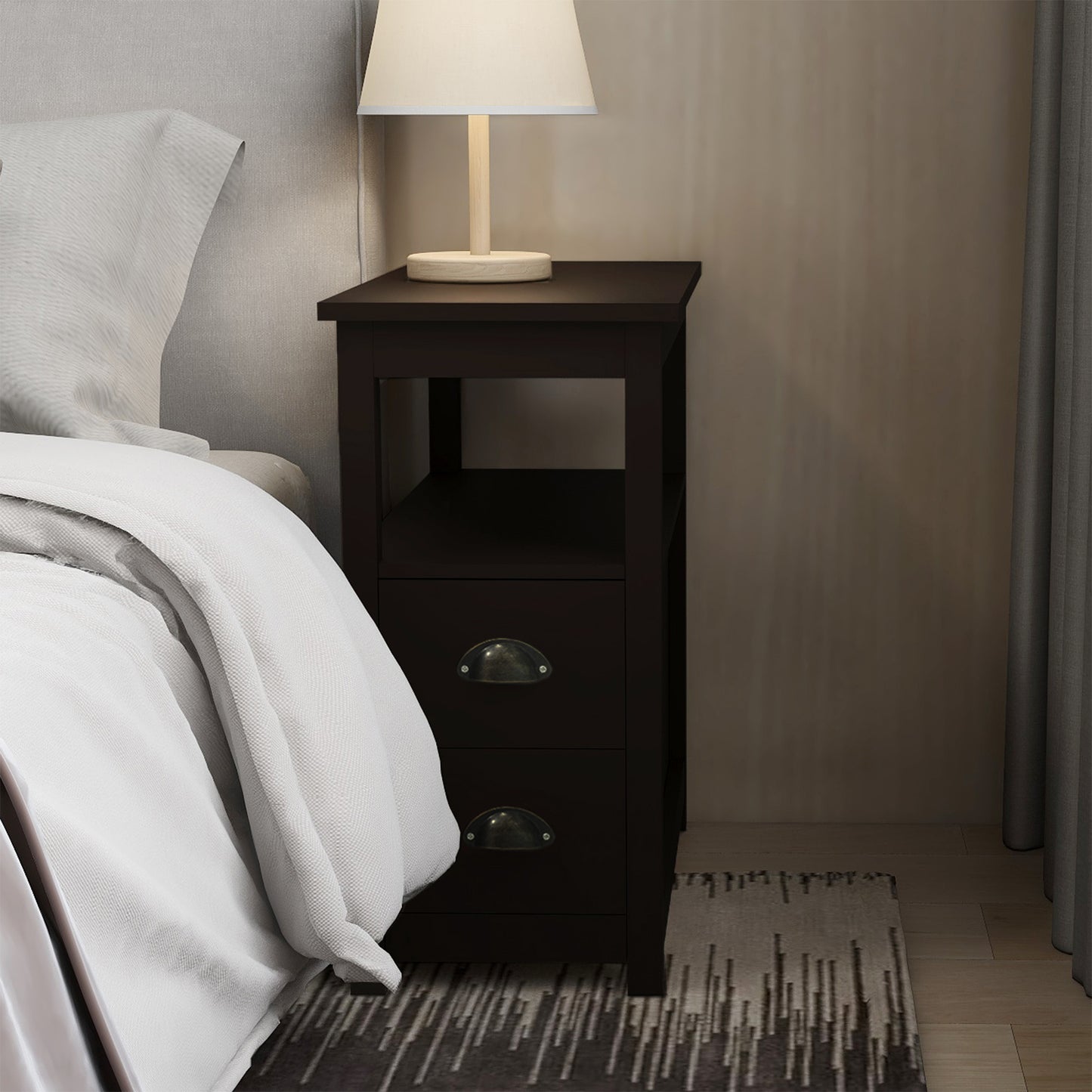 Brown MDF Side Table with Drawers & Shelves - 24" Wide for Living Room