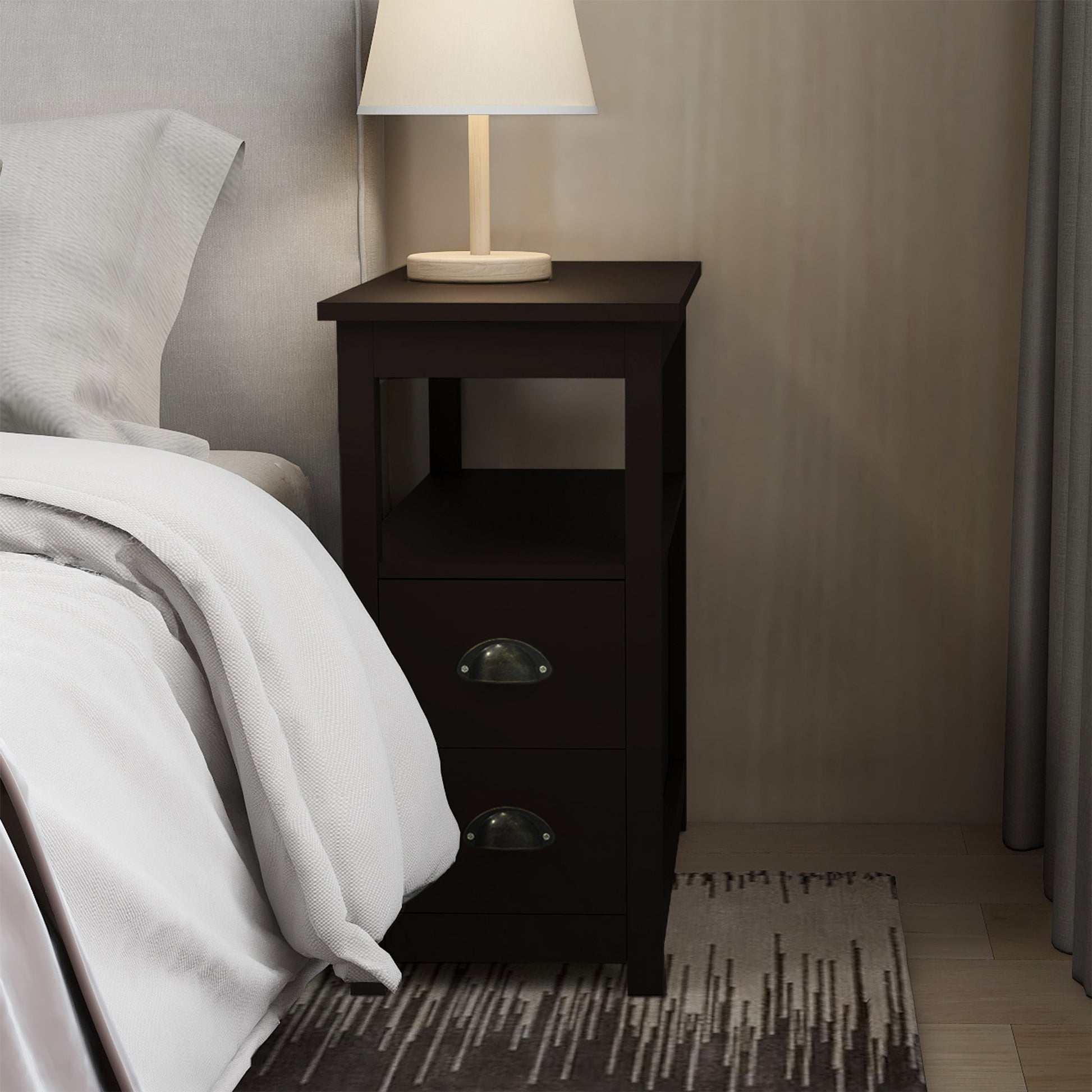 Brown MDF Side Table with Drawers & Shelves - 24" Wide for Living Room
