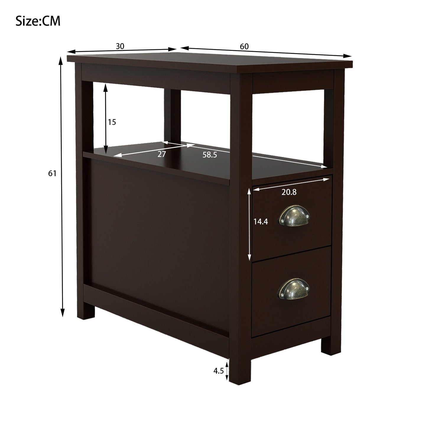 Brown MDF Side Table with Drawers & Shelves - 24" Wide for Living Room