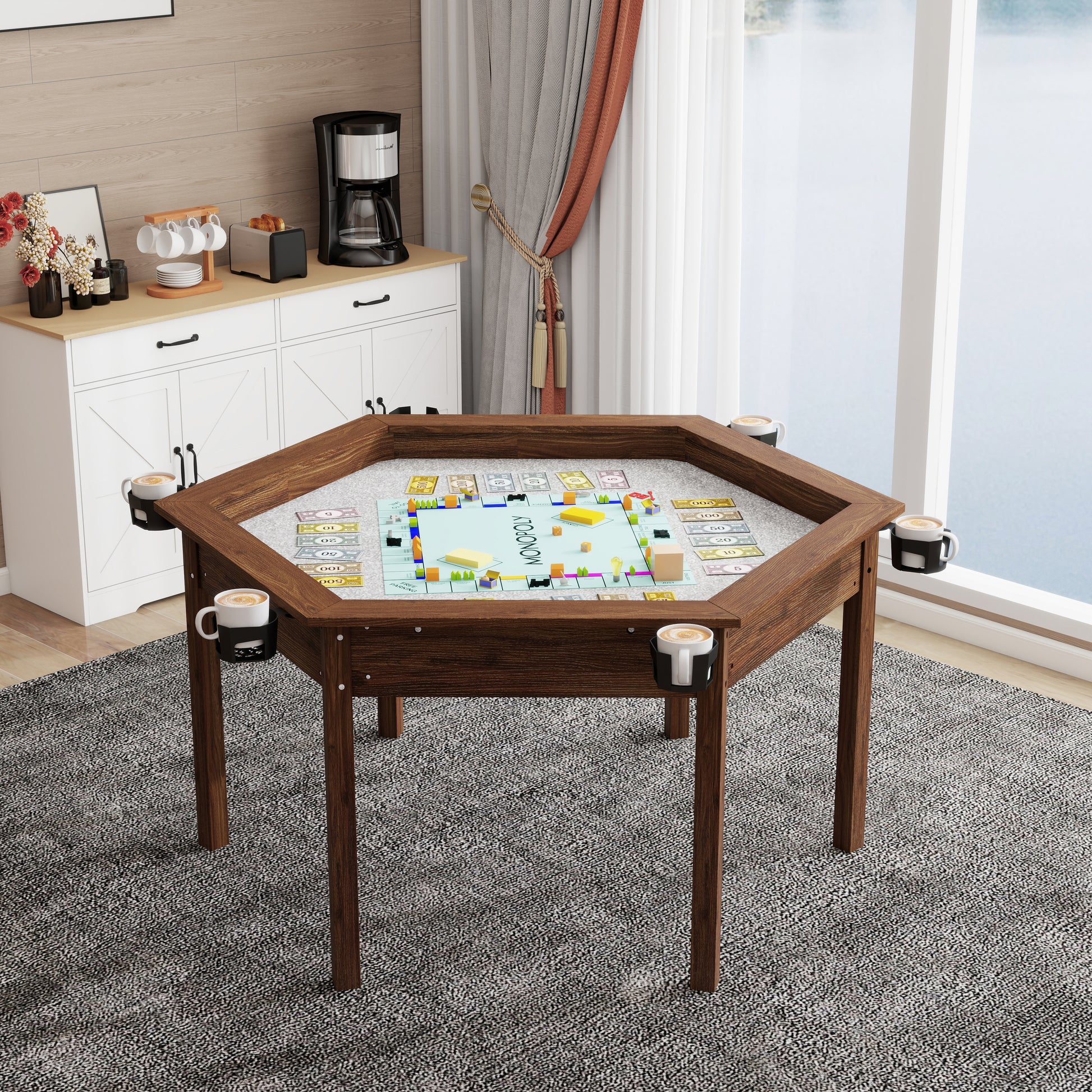 Board Game Table with Removable Table Top for 6 Players, Hexagon Gaming and Dining Table with Solid Wood Legs, Non-Slip Play Mat, Rotating Cup Holders-Rustic Brown
