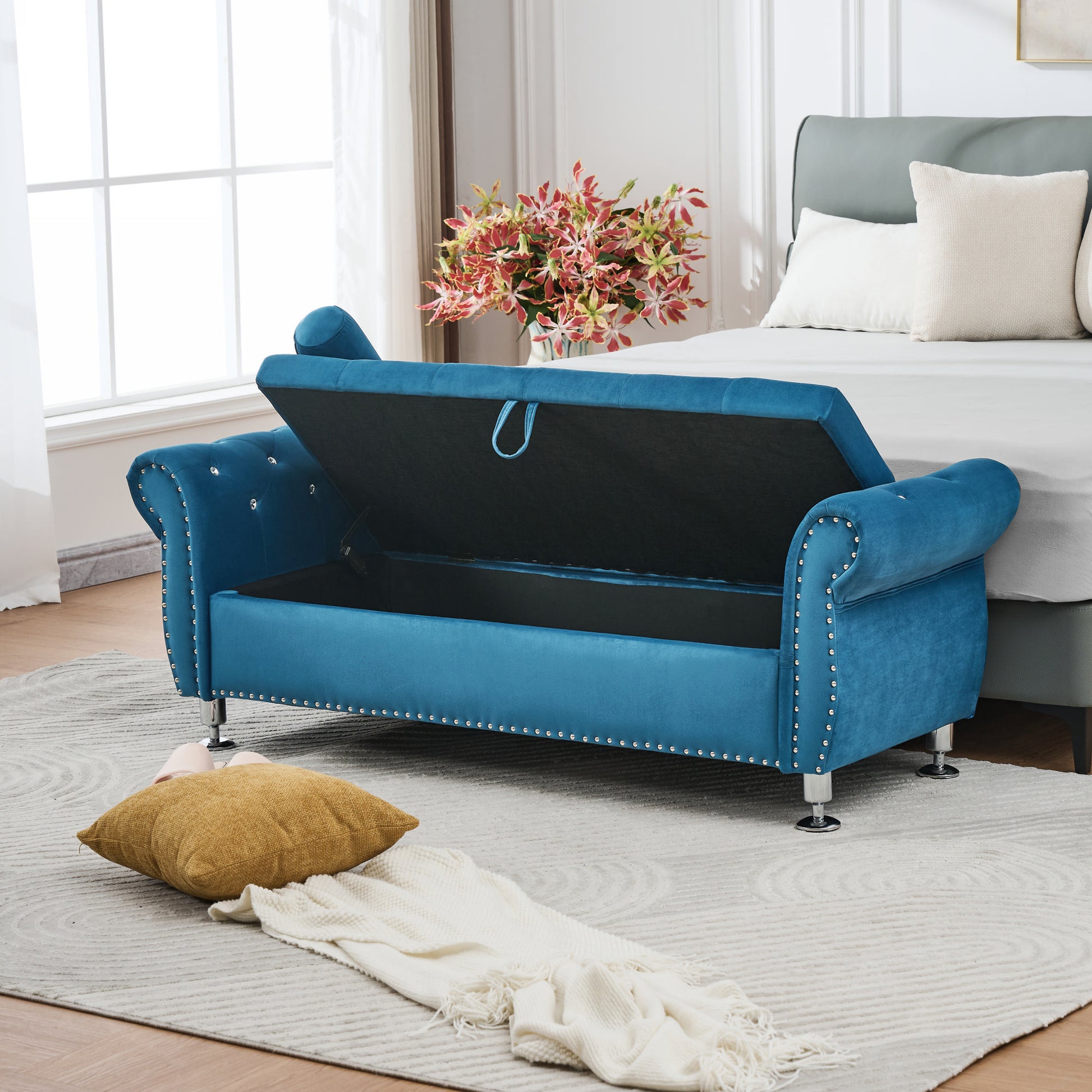 Eucalyptus Blue Velvet Storage Bench for Bedroom and Living Room