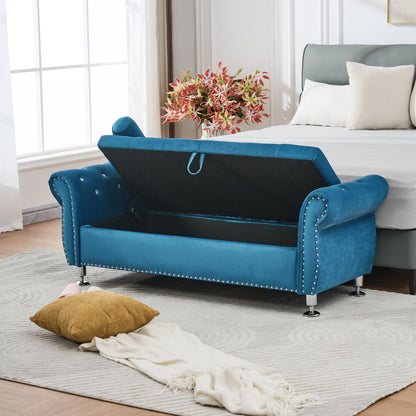 Eucalyptus Blue Velvet Storage Bench for Bedroom and Living Room