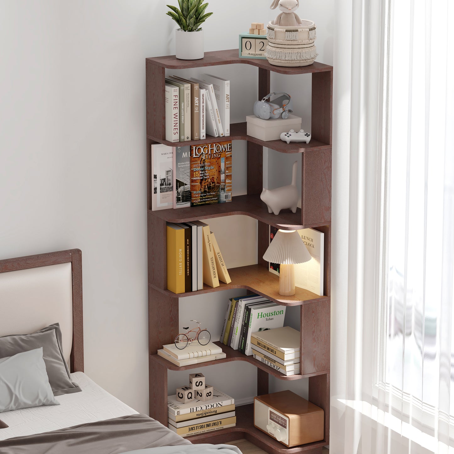 L-Shaped Corner Bookshelf for Living Room, Wood Storage