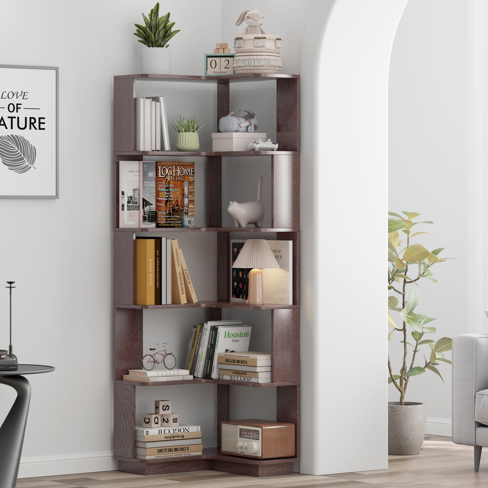 L-Shaped Corner Bookshelf for Living Room, Wood Storage