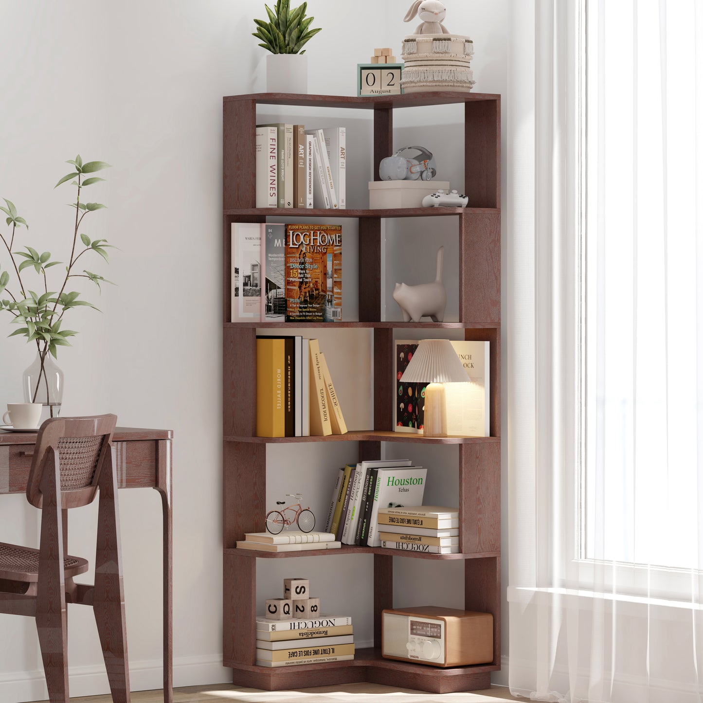 L-Shaped Corner Bookshelf for Living Room, Wood Storage