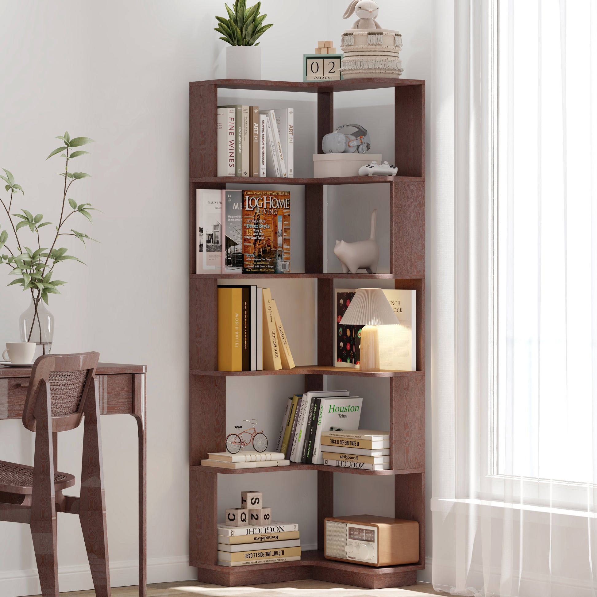 L-Shaped Corner Bookshelf for Living Room, Wood Storage
