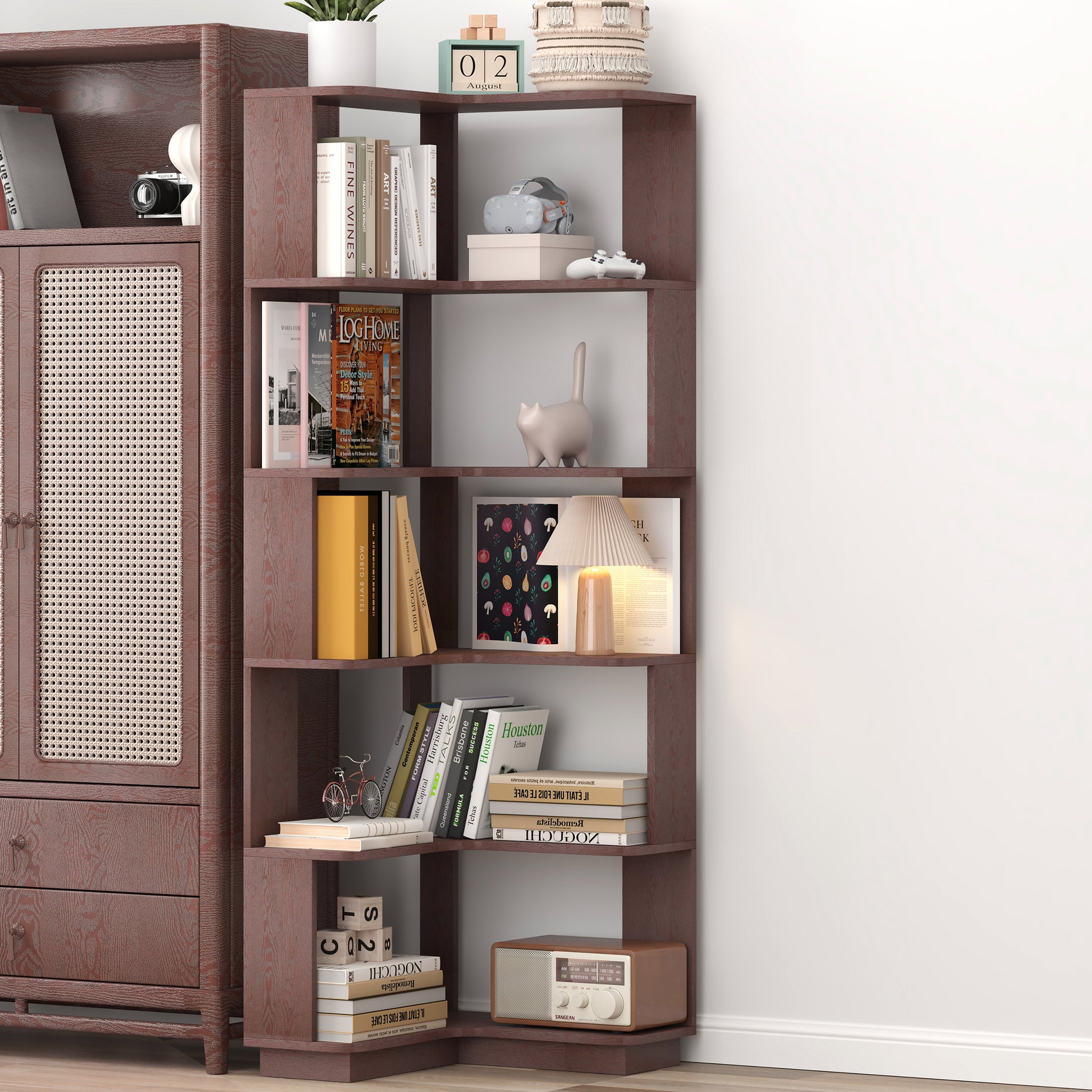 L-Shaped Corner Bookshelf for Living Room, Wood Storage
