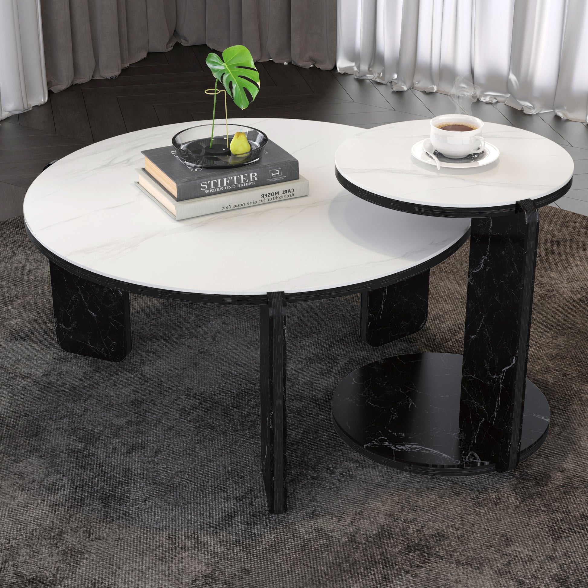 Set of 2 Round Nesting Coffee Table for Small Place, living room end table with white sintered stone top, 32.68" + 16.93" diameter Side Table Night Stand for Bed Room Dining Room, 83+ 43 cm sofa table