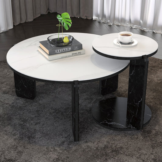 Set of 2 Round Nesting Coffee Table for Small Place, living room end table with white sintered stone top, 32.68" + 16.93" diameter Side Table Night Stand for Bed Room Dining Room, 83+ 43 cm sofa table