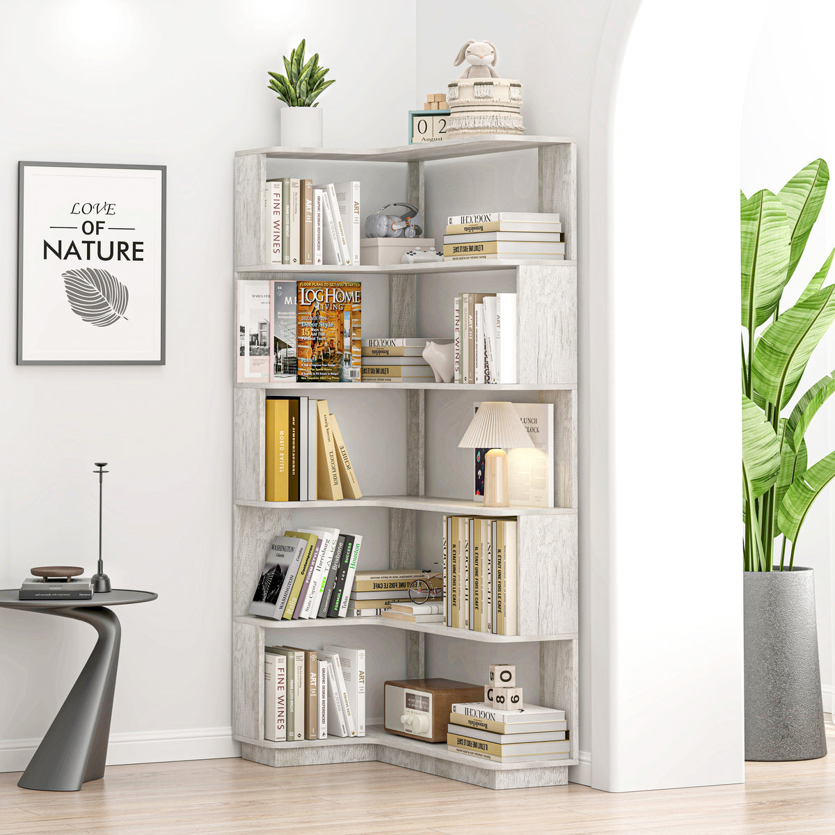 Light Gray MDF 5-Tier Corner Bookshelf - 35.4"L for Living Room