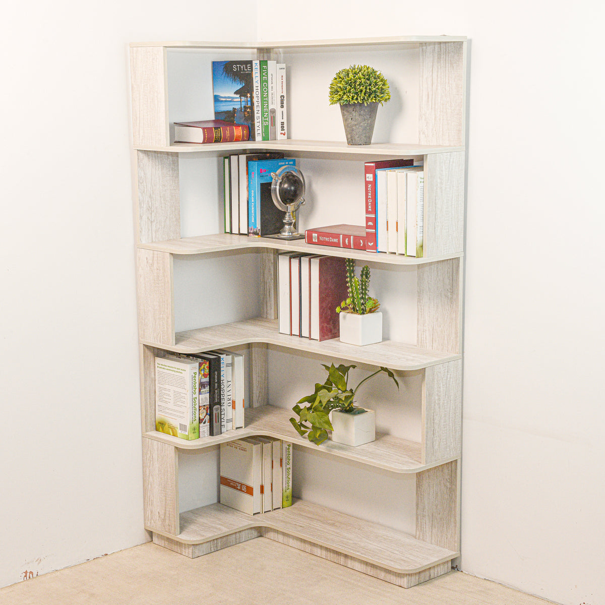 Light Gray MDF 5-Tier Corner Bookshelf - 35.4"L for Living Room