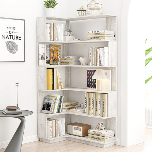 90cm (35.43") extended size 5-Tier Freestanding L-Shaped Corner Bookshelf For Living Room, Bedroom, home office Wooden Bookcase with anti-drop panel and anti tipping device, Display shelf Open storage