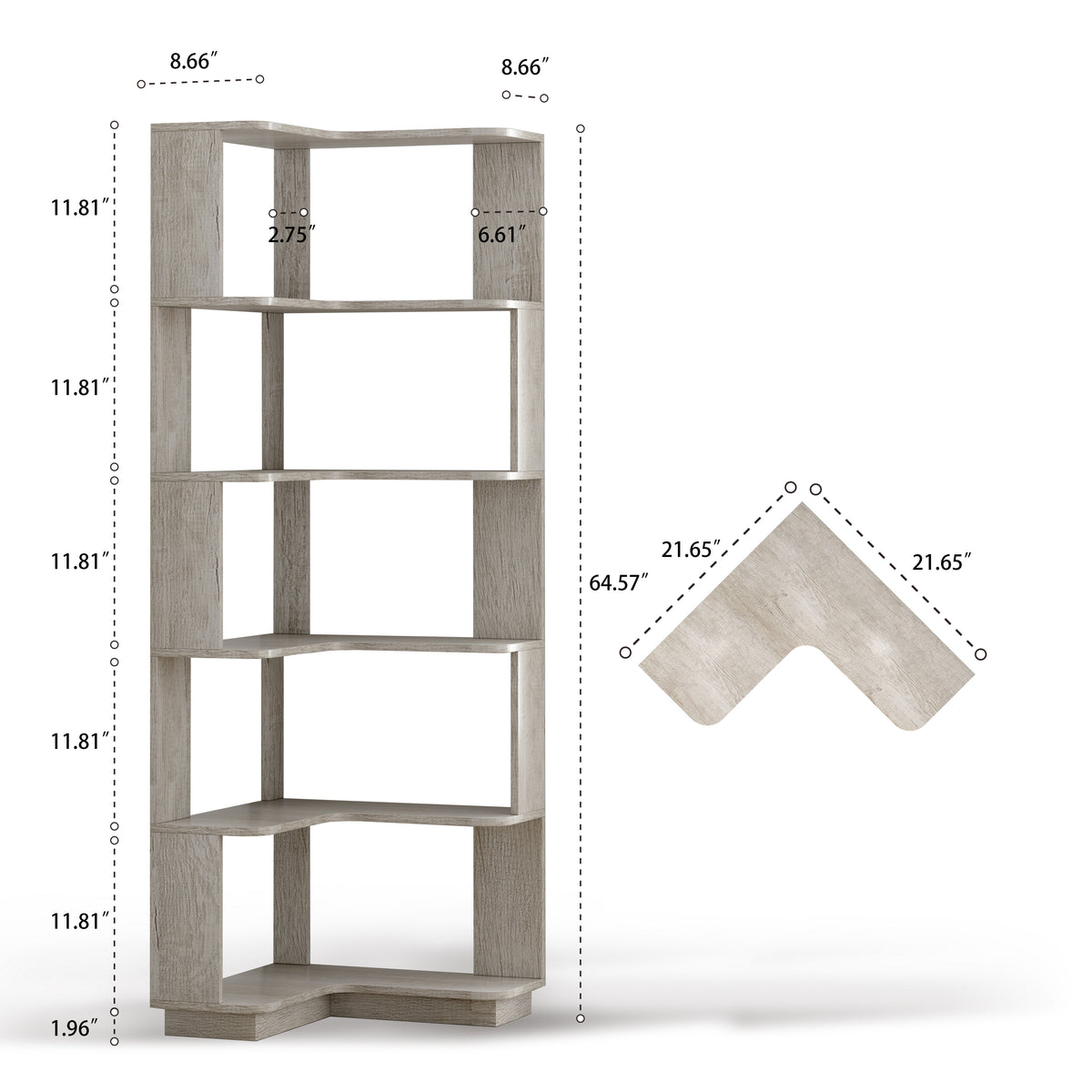 Light Grey MDF Bookcase Set - 53" x 21.65" Corner Shelving for Living Room