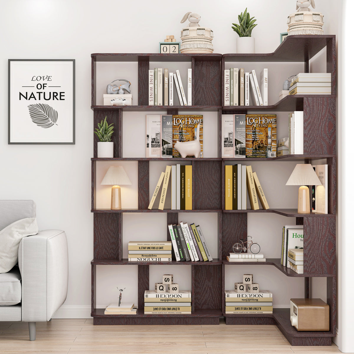 2 Bookcase Set - 90 & 80cm Corner Display Shelves, Ox Blood Red MDF for Living Room
