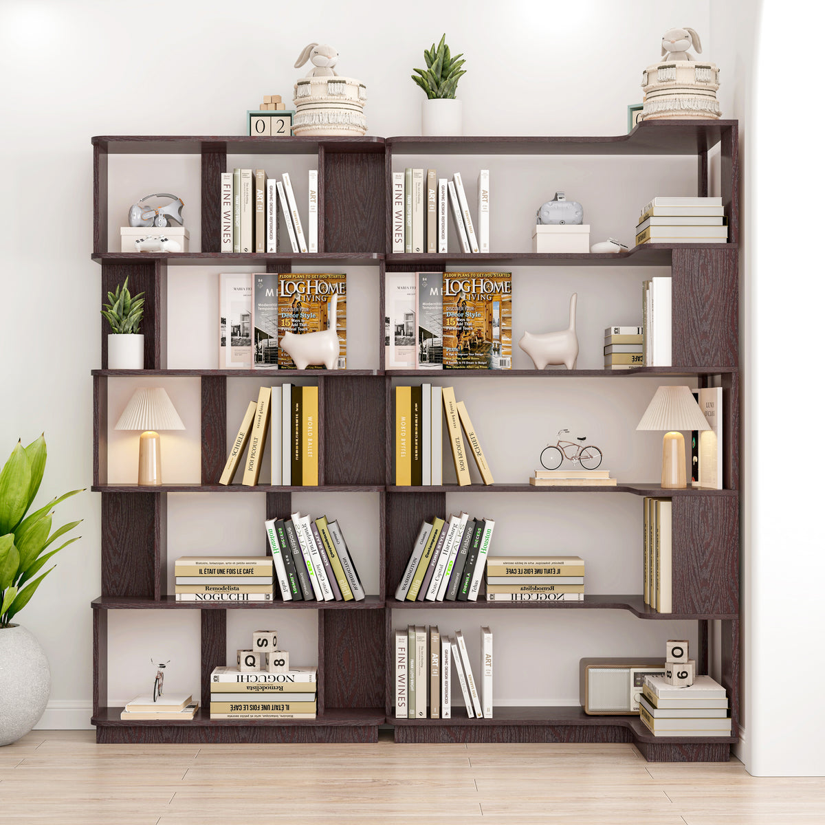 2 Bookcase Set - 90 & 80cm Corner Display Shelves, Ox Blood Red MDF for Living Room