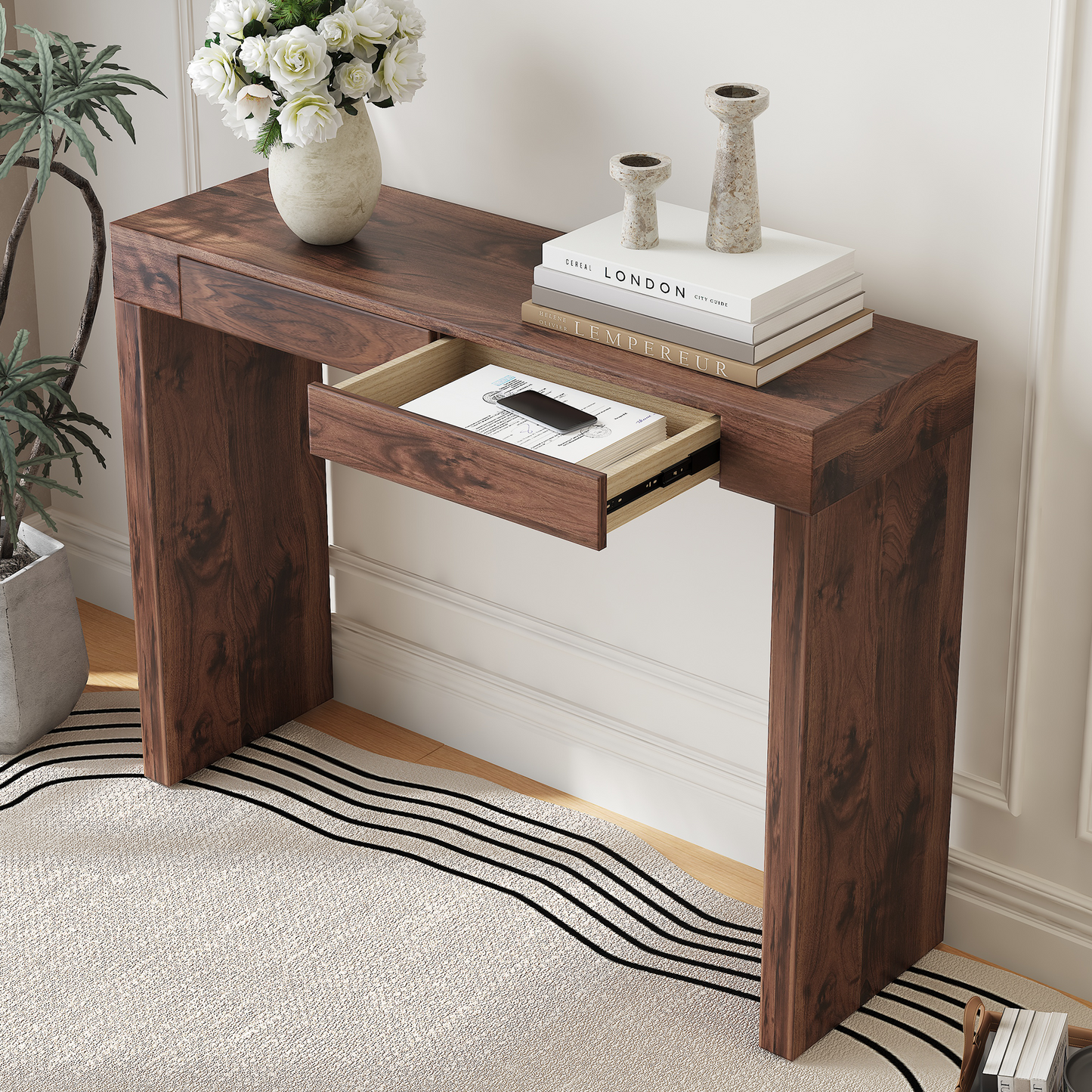 Walnut MDF Bar Table with Storage Drawers - 50x15.3" for Living Room