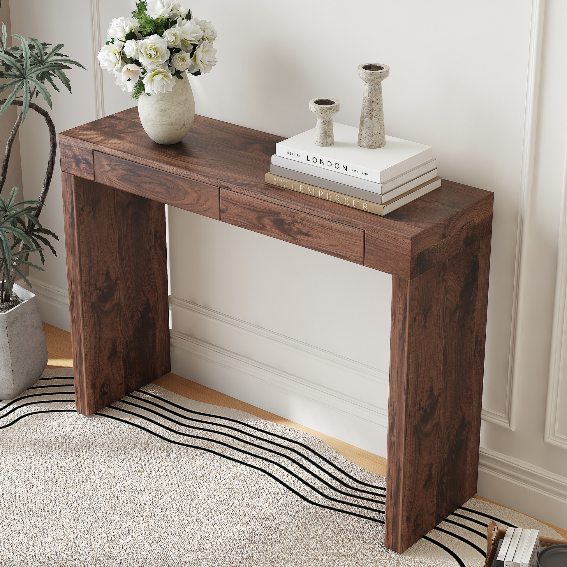 Walnut MDF Bar Table with Storage Drawers - 50x15.3" for Living Room