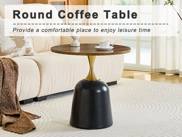 23.6 Inch Round Walnut Coffee Table - Metal Base Accent Table for Living Room