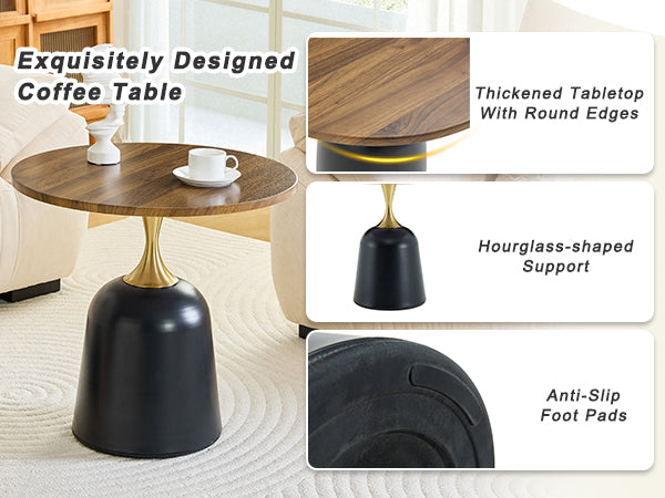 23.6 Inch Round Walnut Coffee Table - Metal Base Accent Table for Living Room
