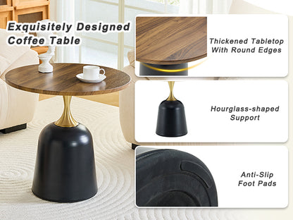 23.6 Inch Round Walnut Coffee Table - Metal Base Accent Table for Living Room