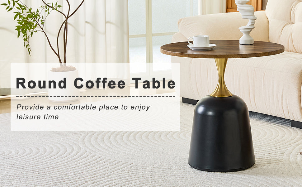 23.6 Inch Round Walnut Coffee Table - Metal Base Accent Table for Living Room