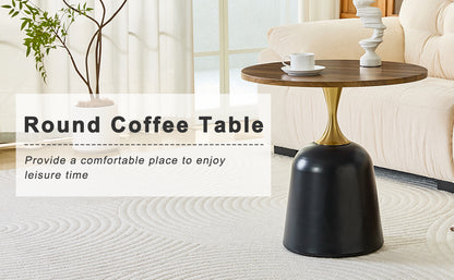 23.6 Inch Round Walnut Coffee Table - Metal Base Accent Table for Living Room