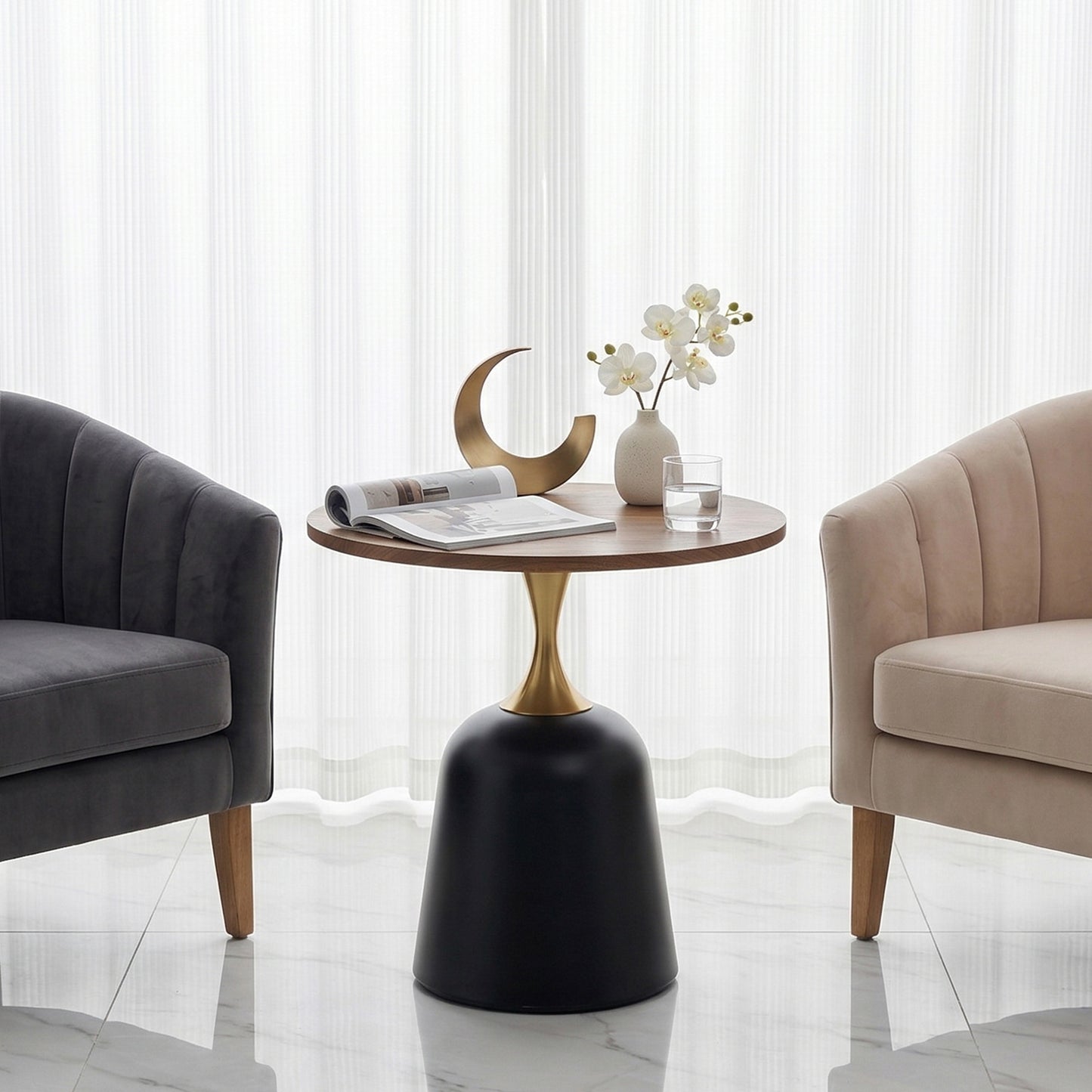 23.6 inch circular side table coffee table, metal base living room table, simple and modern walnut wood grain decoration, negotiation table, unique circular sofa headboard office desk.