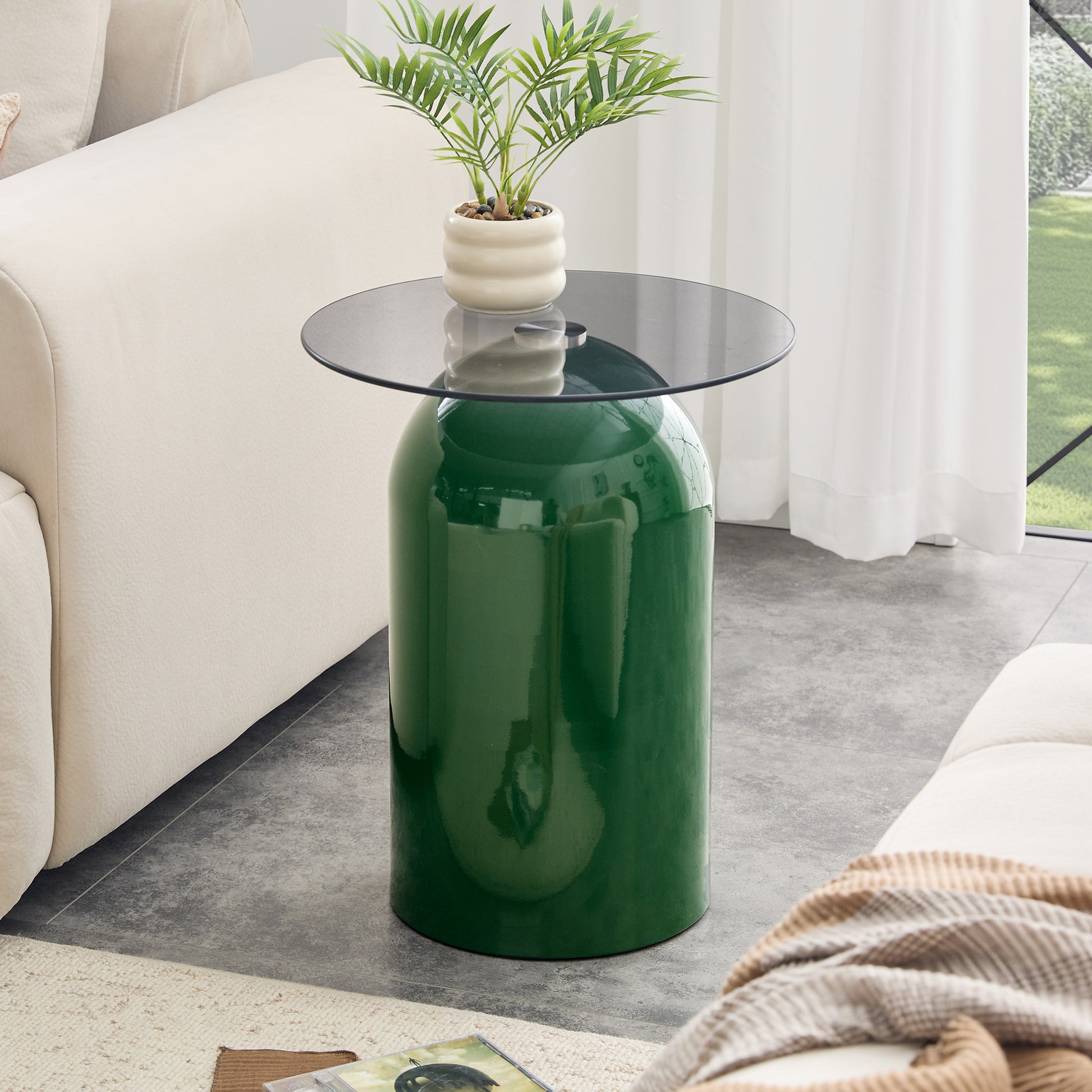 Small Coffee Table,Round Center Table,Modern Glass Coffee Table,Small Mid Century Coffee Table,Tempered Glass Top,for Living Room, Patio, Study Room,Office,Hotel(Green,19.6 *15.7 *10.6in)
