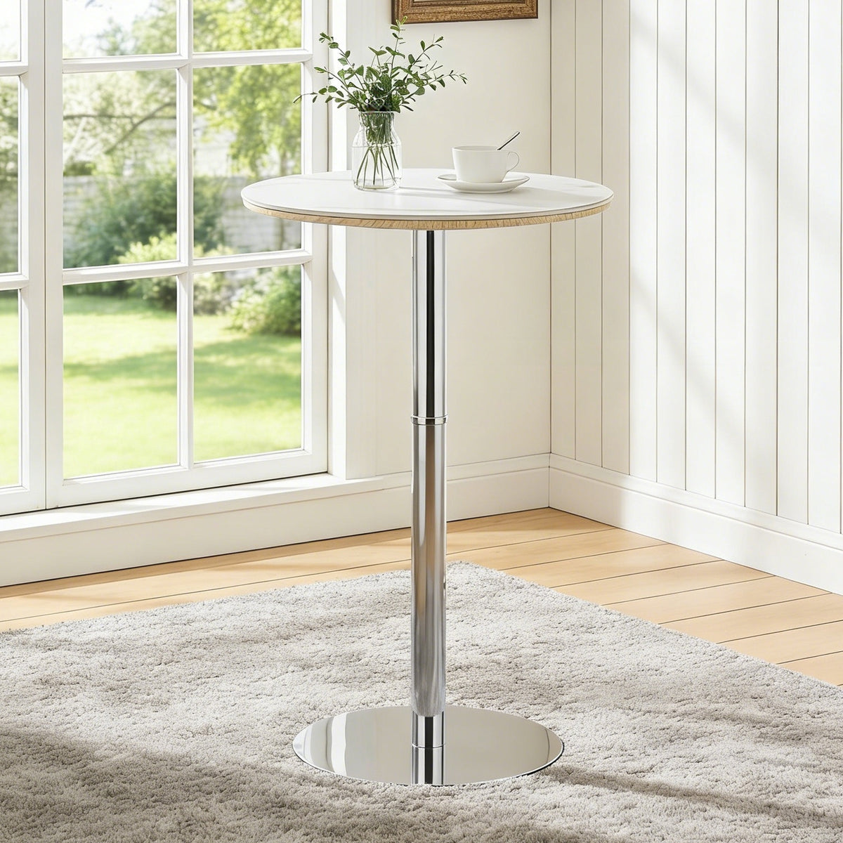 39 Inch Round Sintered Stone Bar Table - White+Silver for Living Room