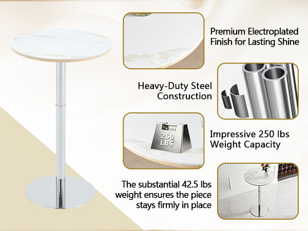 39 Inch Round Sintered Stone Bar Table - White+Silver for Living Room