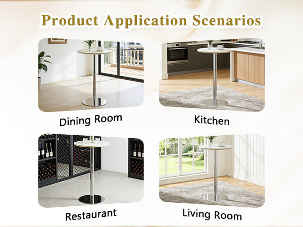 39 Inch Round Sintered Stone Bar Table - White+Silver for Living Room
