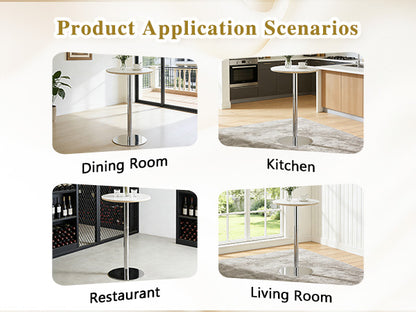 39 Inch Round Sintered Stone Bar Table - White+Silver for Living Room