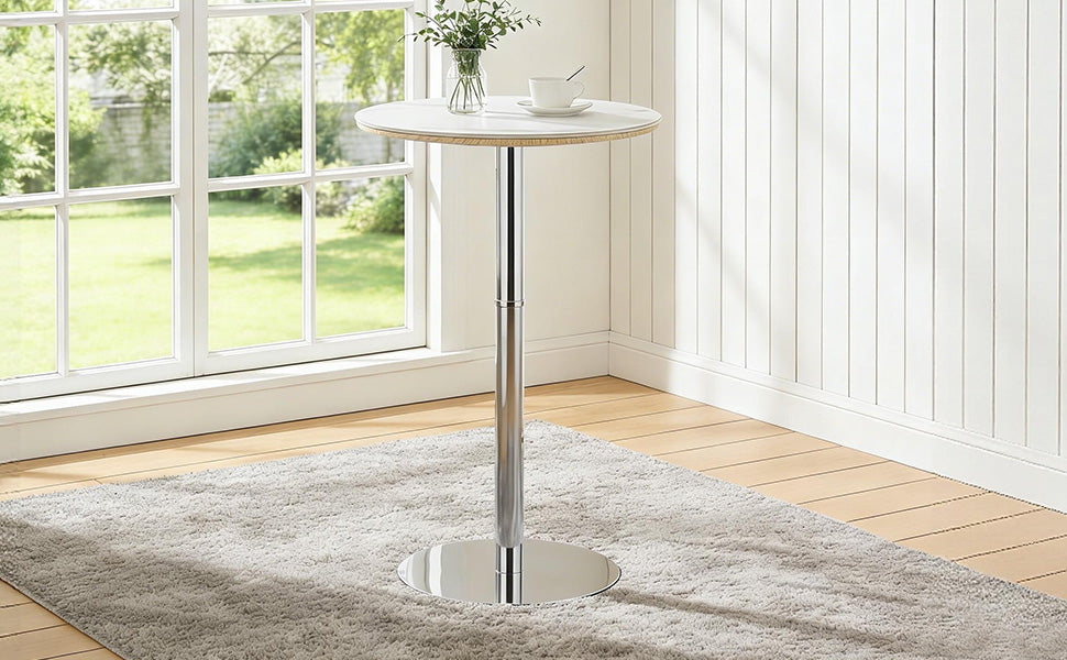 39 Inch Round Sintered Stone Bar Table - White+Silver for Living Room