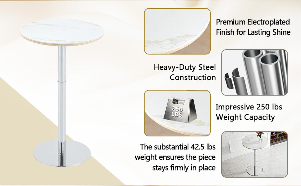 39 Inch Round Sintered Stone Bar Table - White+Silver for Living Room
