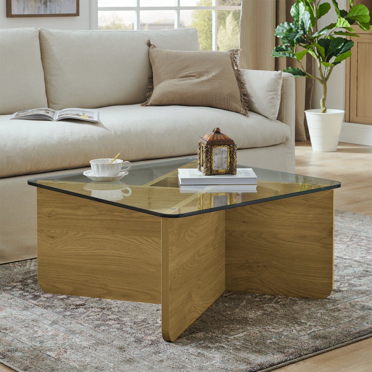 31.5 Inch Glass Coffee Table, Mid-Century Modern Square Coffee Table, Living Room Wooden Coffee Table Antique Square Center Cocktail Table with Tempered Glass Top, Unique Small Space Decorative Table