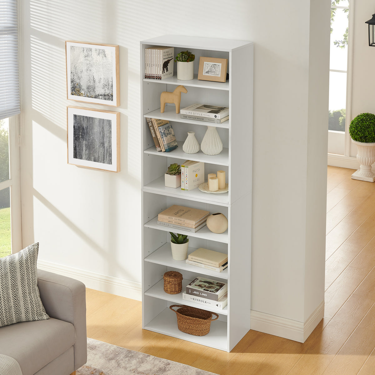 White MDF CD DVD Storage Cabinet - 8 Tier Adjustable Shelves for Living Room