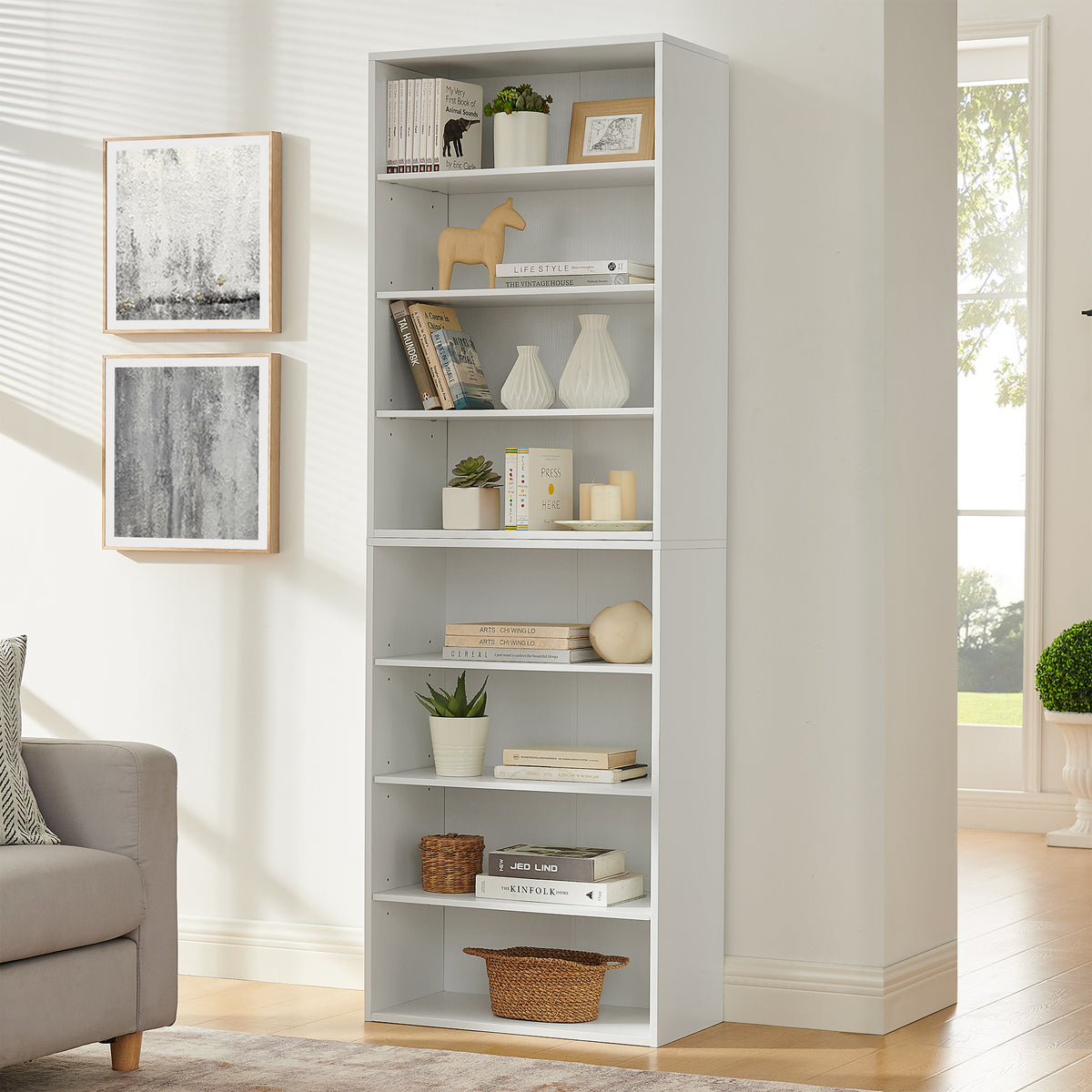 White MDF CD DVD Storage Cabinet - 8 Tier Adjustable Shelves for Living Room
