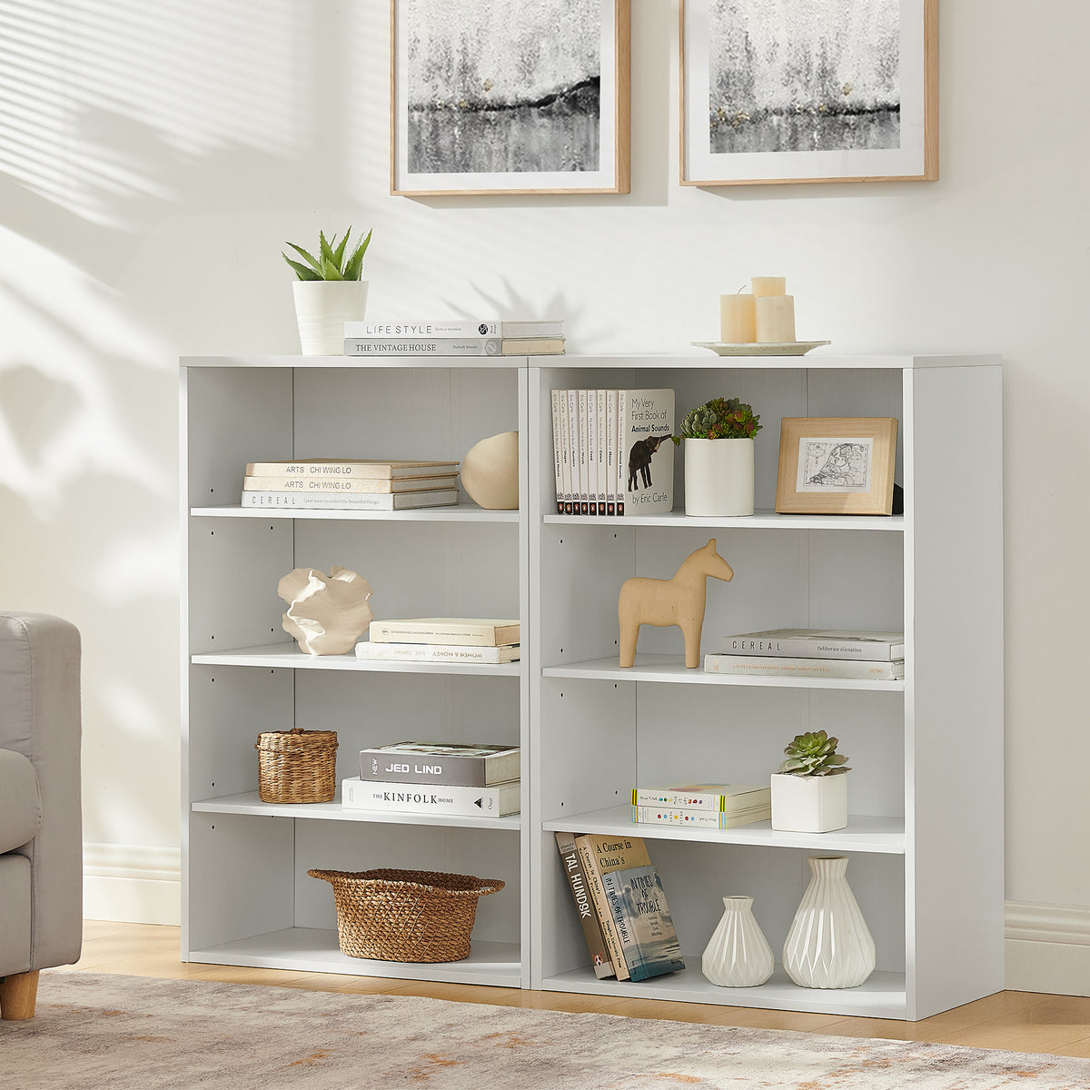 White MDF CD DVD Storage Cabinet - 8 Tier Adjustable Shelves for Living Room