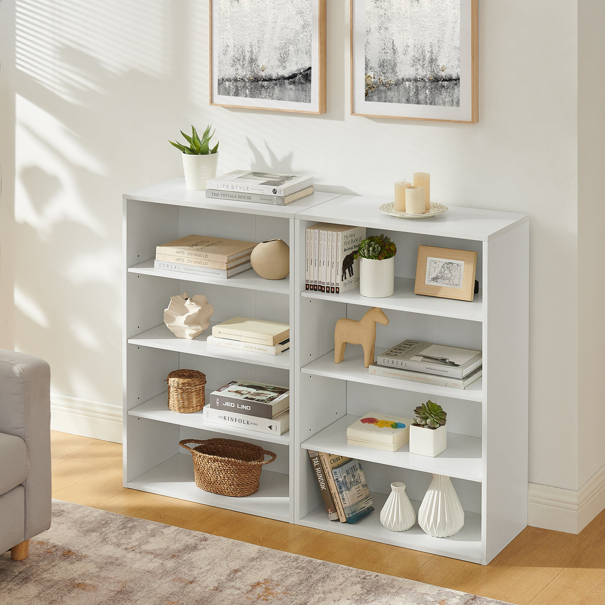 White MDF CD DVD Storage Cabinet - 8 Tier Adjustable Shelves for Living Room