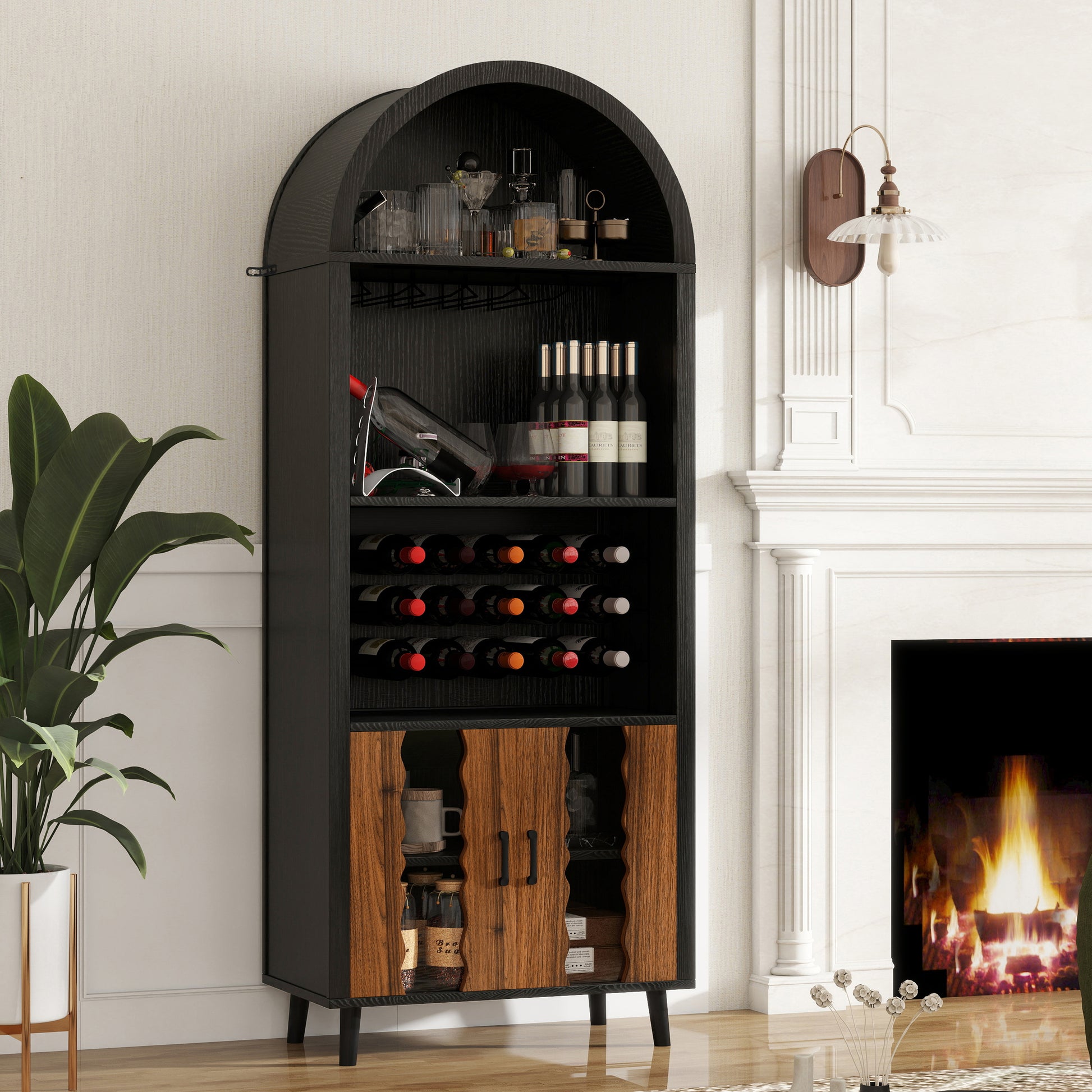 71"Farmhouse Arched Wine Bar Cabinet: tall arched display cabinet , arch black cabinets &coffee bar, whiskey station with wine rack and Wine Glass Holder - Liquor Bars Cabinet for Living Dining Room
