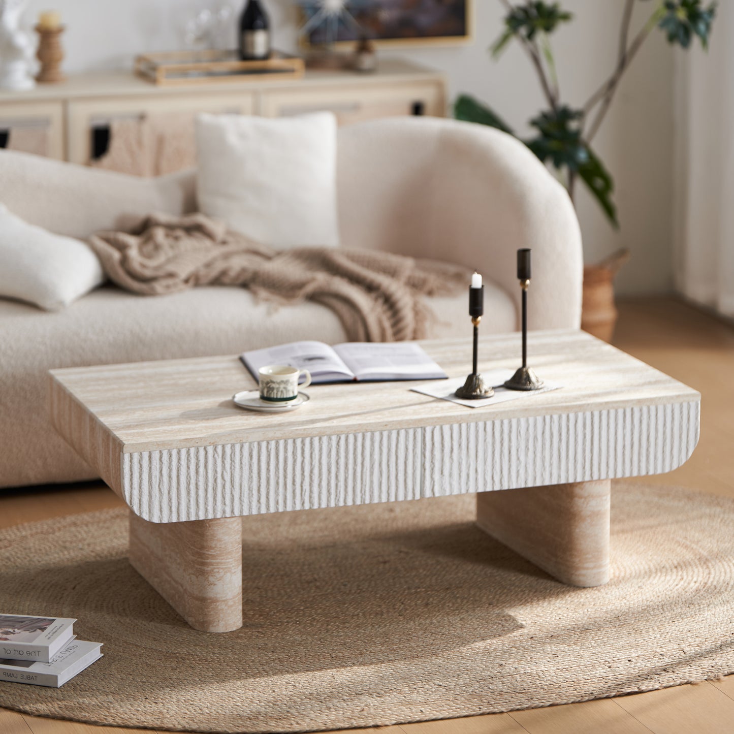 Coffee Table with Faux Marble Tabletop, Mid Century Modern Coffee Table with Fluted Drawer, Coffee Table for Living Room, Office