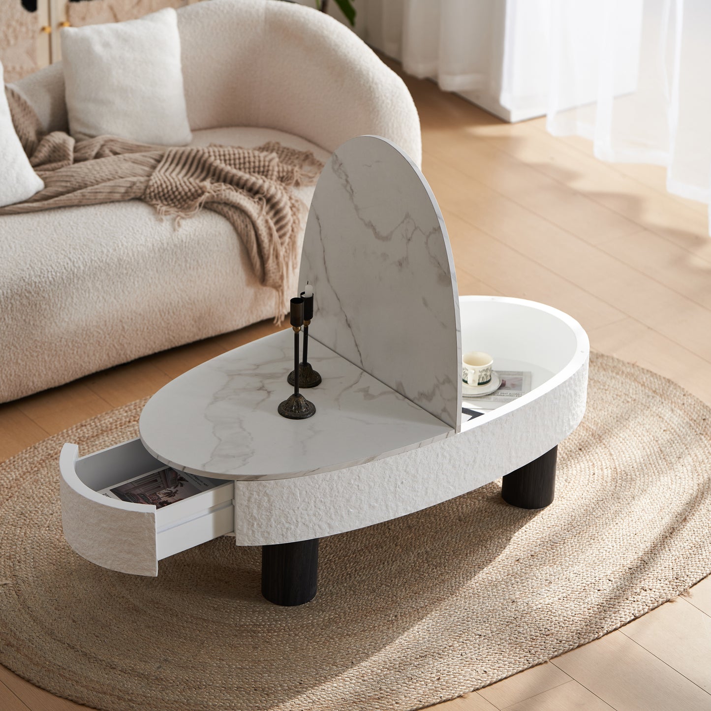 Oval Coffee Table with Faux Marble Tabletop, Mid Century Modern Coffee Table with Hidden Drawer and Storage Space , Coffee Table for Living Room, Bedroom, Office