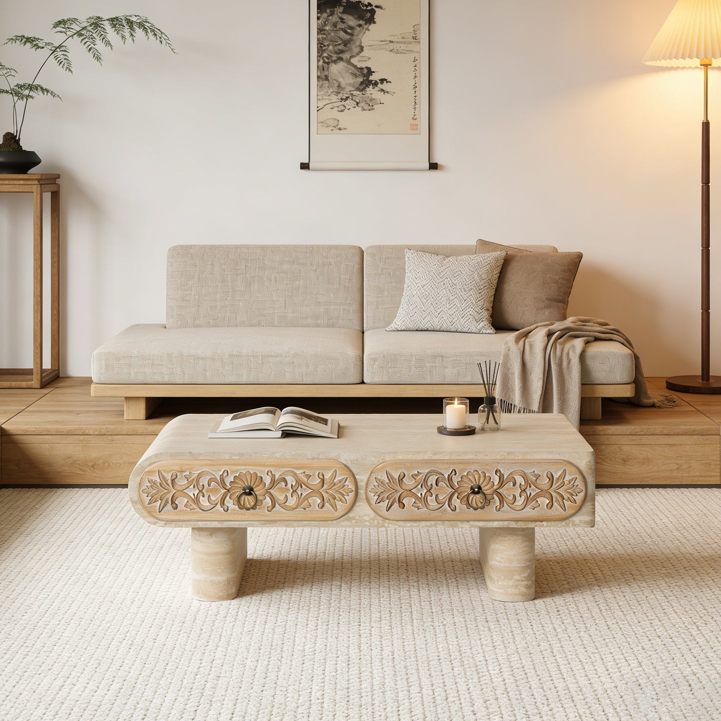 39.4" Beige+Yellow Rectangular Coffee Table with Drawer for Living Room