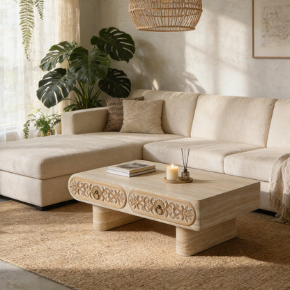 Rounded Edge Coffee Table with Flower Pattern Solid Wood Drawer, Coffee Table for Living Room, Office