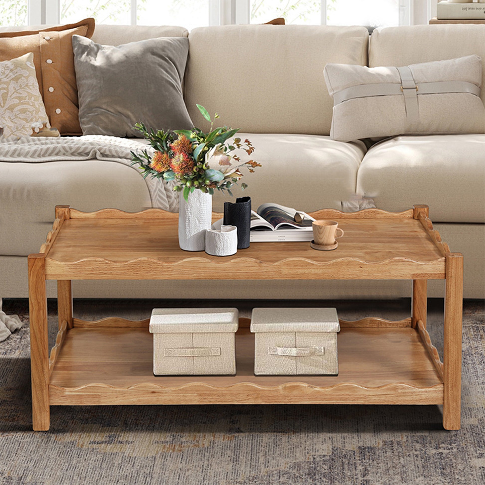 Modern 2 Tier Coffee Table for Living Room Furniture, Rectangular Center Table with Open Storage Shelf, Solid Rubberwood Legs, Stable and, Easy Assembly