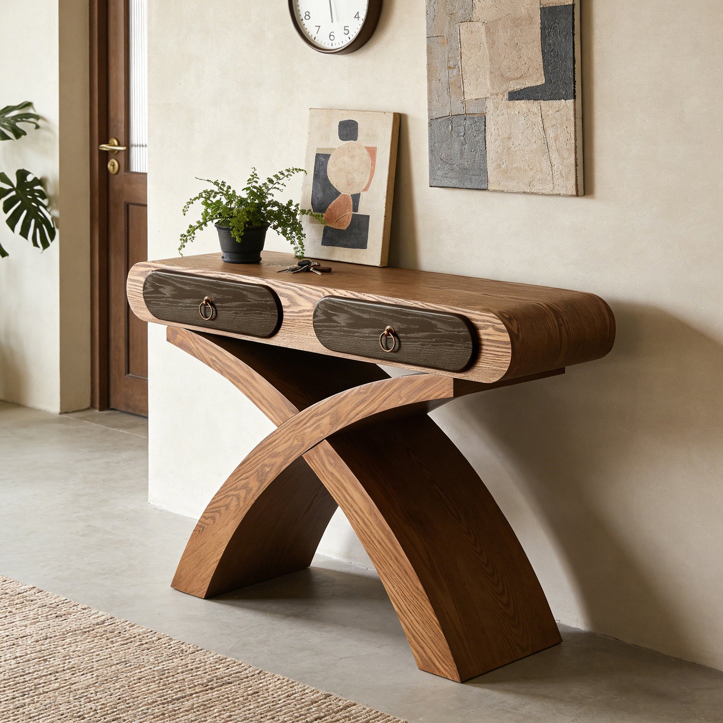 Ashwood veneered console table with cross leg, Two Handle Drawers, Console Table ,Easy Assembly, for Entrance & Dinning Room & Living Room & Hallway