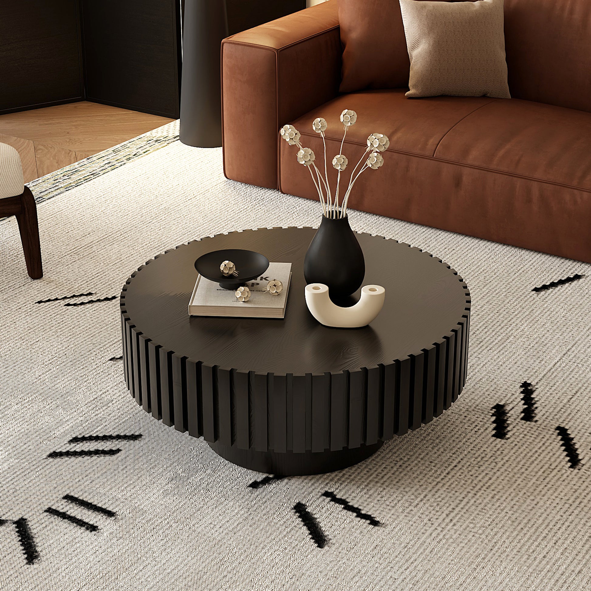 Round Black Coffee Table - Modern Relief Design