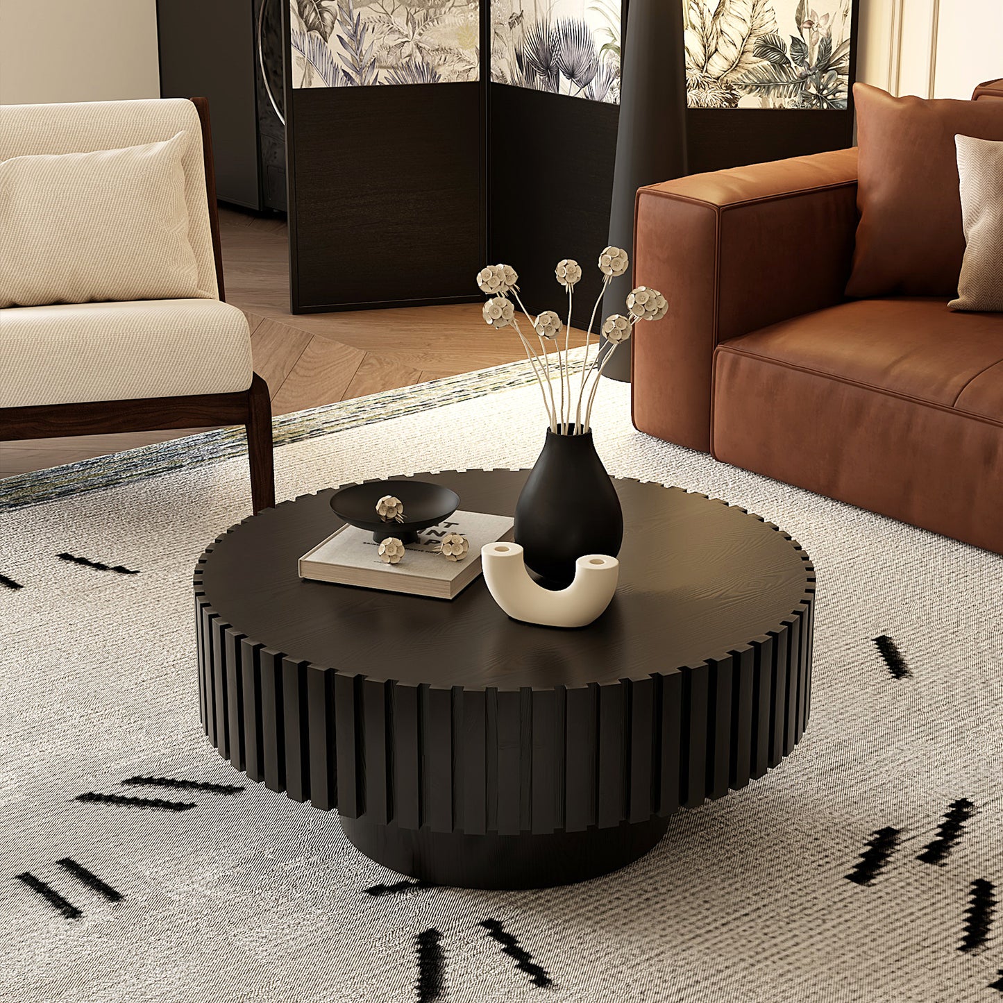 Round Black Coffee Table - Modern Relief Design