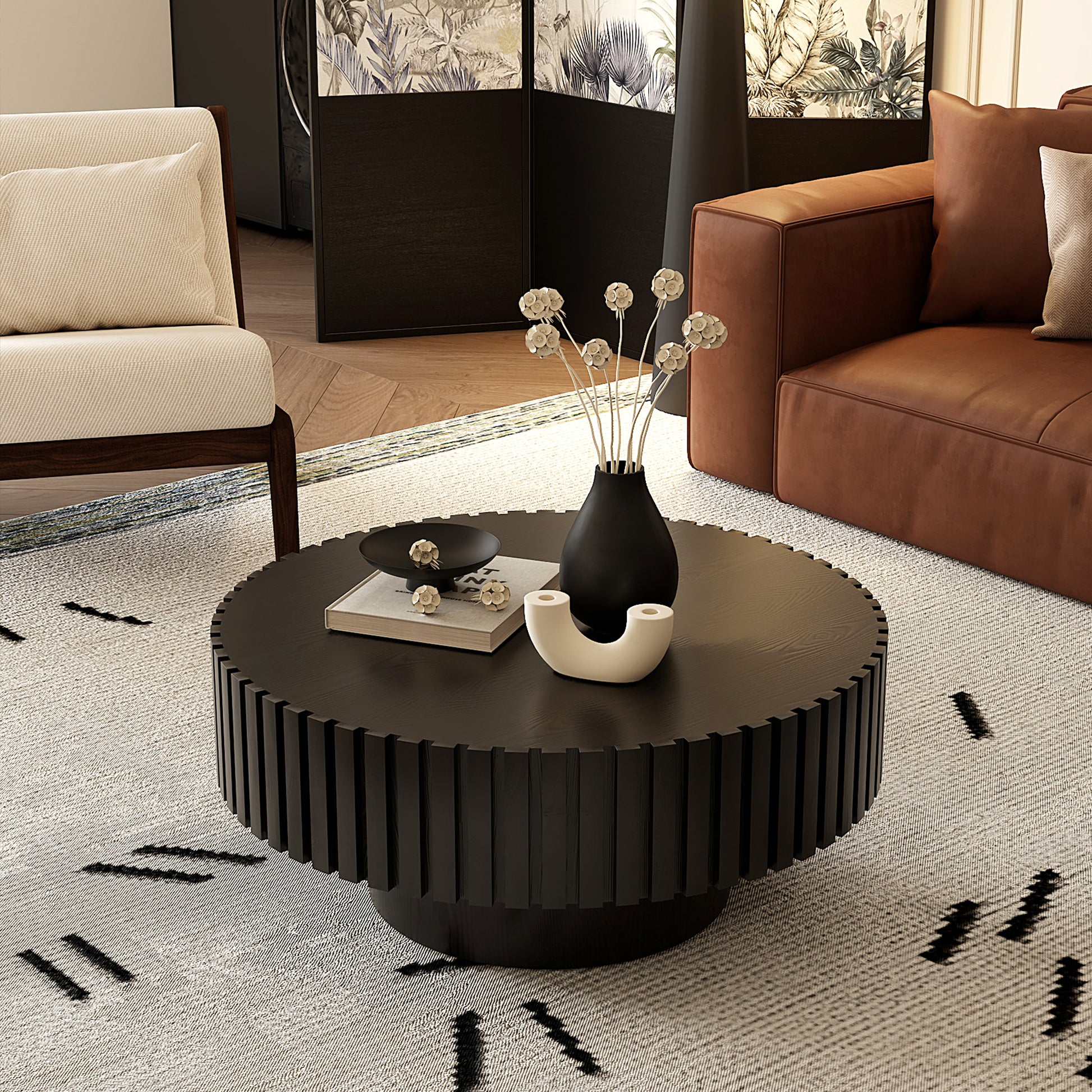 Round Black Coffee Table - Modern Relief Design